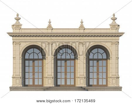 arcade from a stone with ionic pilasters on a white background. 3d render