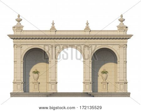 arcade from a stone with ionic pilasters on a white background. 3d render