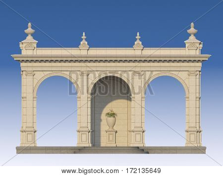 arcade from a stone with ionic pilasters. 3d render