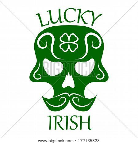 Saint Patrick day symbol of skull with mustaches and four-leaf clover leaf or lucky Irish shamrock. Ireland traditional logo design element for vector greeting card or celebration feast