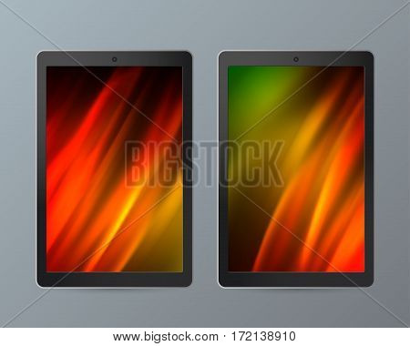 Realistic Monitor Tablets and Smartphone with Wallpaper Screen Isolated On gray Background. Can Use for Template Presentation. Gadgets Device Set Mock Up. Vector Illustration EPS 10