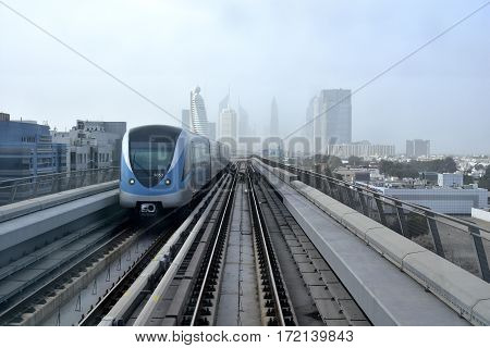 Dubai, United Arab Emirates - February 19, 2017, The Dubai Metro is a driverless, fully automated metro rail network in Dubai, United Arab Emirates