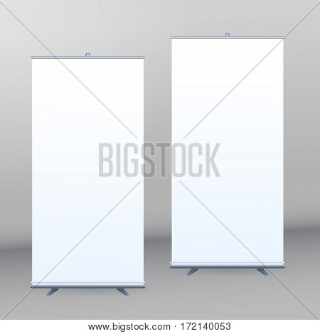 Roll Up Banner Stand on isolated clean background Design template with blank roll up banner display template for designers. Vector set illustration EPS 10