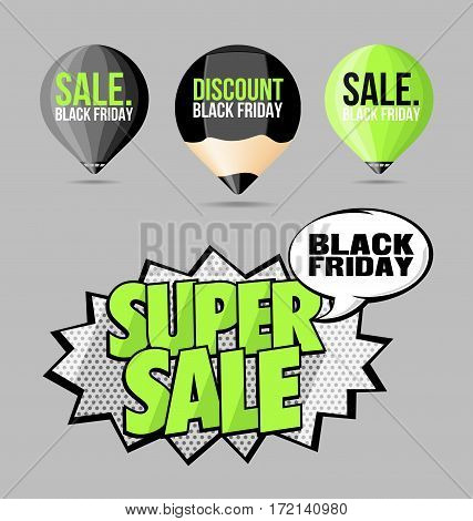 Set Black Friday Sale Stickers and Labels Fluorescent Green.