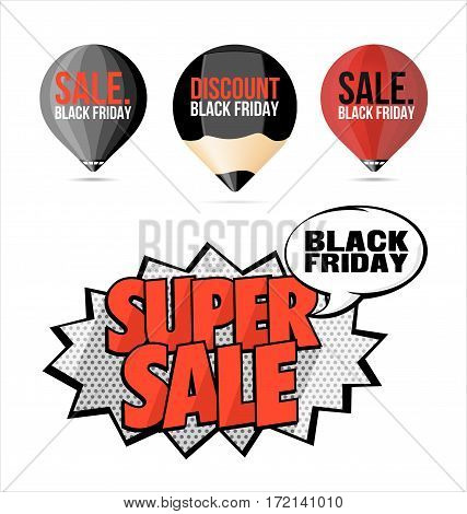 Set Black Friday Sale Stickers and Labels Black and Red.