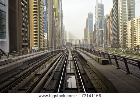 Dubai, United Arab Emirates - February 19, 2017, The Dubai Metro is a driverless, fully automated metro rail network in Dubai, United Arab Emirates