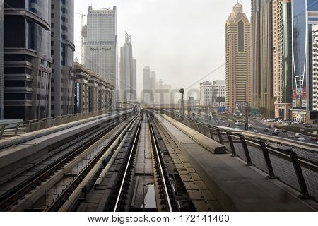 Dubai, United Arab Emirates - February 19, 2017, The Dubai Metro is a driverless, fully automated metro rail network in Dubai, United Arab Emirates