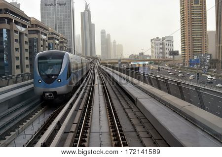 Dubai, United Arab Emirates - February 19, 2017, The Dubai Metro is a driverless, fully automated metro rail network in Dubai, United Arab Emirates