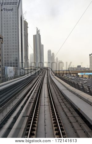 Dubai, United Arab Emirates - February 19, 2017, The Dubai Metro is a driverless, fully automated metro rail network in Dubai, United Arab Emirates