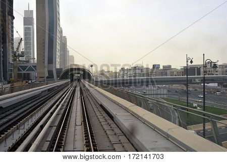 Dubai, United Arab Emirates - February 19, 2017, The Dubai Metro is a driverless, fully automated metro rail network in Dubai, United Arab Emirates