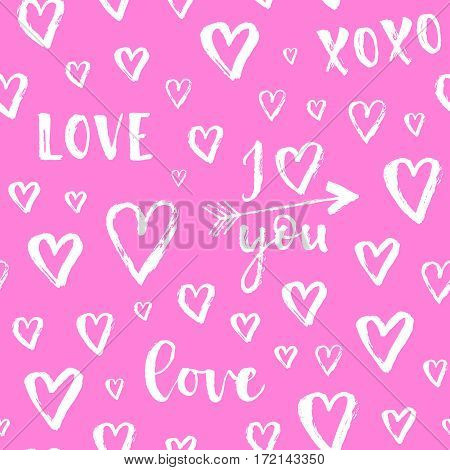 Vector Fashion Seamless Pattern With Hearts On Happy Valentines Day. Doodle Style
