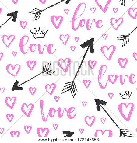 Vector Fashion Seamless Pattern With Hearts On Happy Valentines Day. Doodle Style
