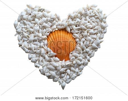Heart made of seashells lying on sand . Summer vacation concept.