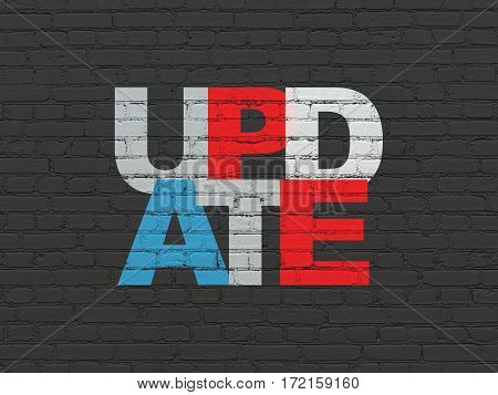 Web development concept: Painted multicolor text Update on Black Brick wall background