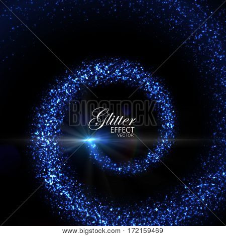 Magic glowing trail of particles and star. Vector illustration of shiny spiral trace. Glittering swirl trail. Stream of sparkling particles with flash and light rays. Decoration element for design.