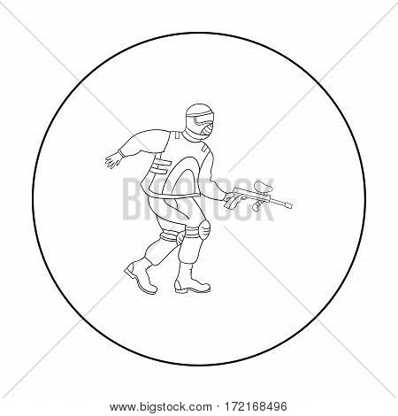Paintball player icon in outline design isolated on white background. Paintball symbol stock vector illustration.