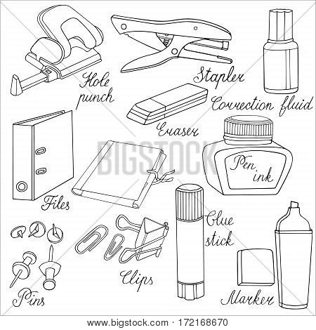 Stationery Hand drawn sketched vector illustration. Doodle accessories Design Isolated on white.