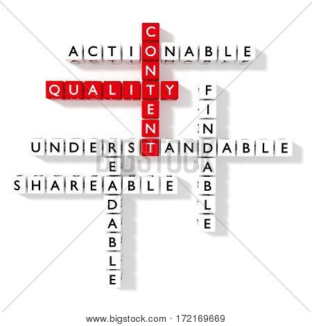 Crossword puzzle showing content quality components as dice on a white flat board SEO concept 3D illustration