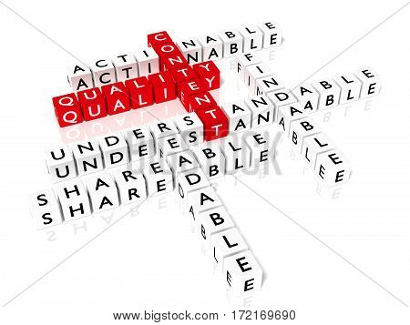 Crossword puzzle showing content quality components as dice on a white board SEO concept 3D illustration