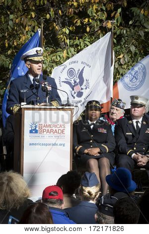 NEW YORK - 11 NOV 2016: USCG Admiral Paul Zukunft, Honorary Grand Marshall speaks at the opening ceremony in Madison Square Park for the annual Americas Parade up 5th Avenue, Veterans Day, Manhattan.