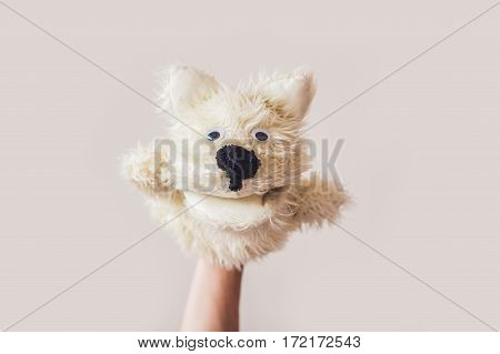 Puppet Show Dog On A Gray Background. Space For Text Or Replicas