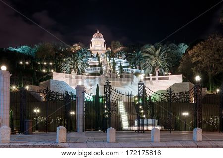 Temple in Bahai Garden in Haifa Israel at night