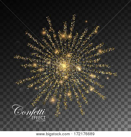 Fireworks isolated on transparent checkered background. Glowing explode of sparkling particles and stras. Sparkling glitters burst. Decoration holiday element for design. Festive ornament
