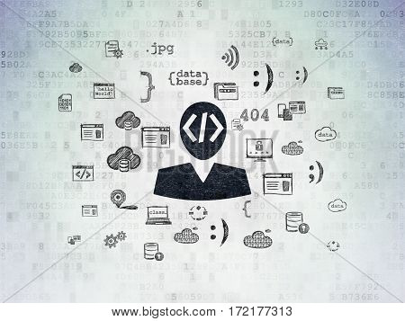 Programming concept: Painted black Programmer icon on Digital Data Paper background with  Hand Drawn Programming Icons
