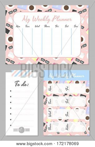 Weekly planner template. Organizer and schedule with place for notes and to do list. Schedule with bright cute background. Vector illustration