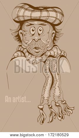 Hand drawn illustration of a funny sad man in a checkered billed cap and scarf.