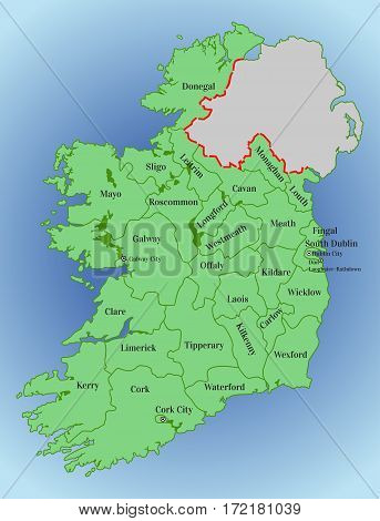 Republic of Ireland. Map of Ireland with the division into counties. Thirty-one local authorities - 26 county councils, two city and county councils and three city councils. Vector map of Ireland