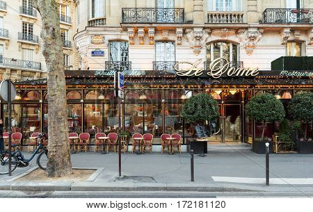 paris France-February 15 2017 : The famous restaurant Le Dome on Montparnasse boulevard in Paris. Opened in 1898 it was frequented by famous sculptors writers and painters...