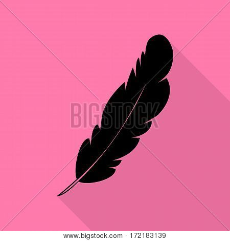 Feather sign illustration. Black icon with flat style shadow path on pink background.