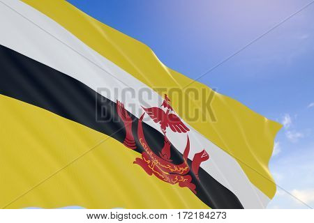 3D Rendering Of Brunei Flag Waving On Blue Sky Background