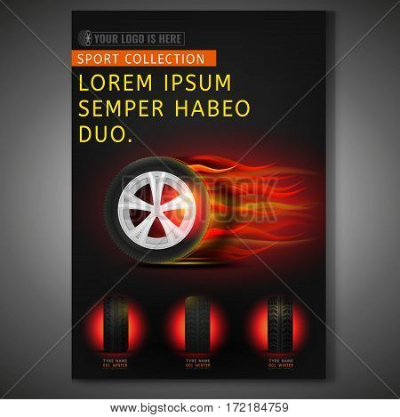 Vector burning tyre poster template. Modern idea for flyer, book, booklet, brochure and leaflet design. Editable vertical graphic layout with copyspace in dark red and black colors