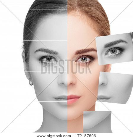 Face made of many different colorless and colored portraits. Plastic surgery and spa concept.