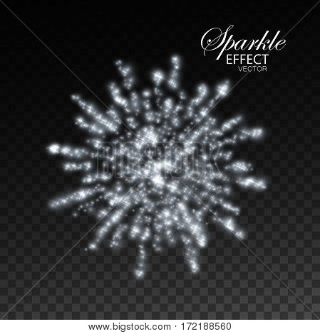 Fireworks isolated on transparent checkered background. Glowing explode of sparkling particles and stras. Sparkling star burst. Decoration holiday element for design. Festive ornament
