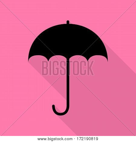 Umbrella sign icon. Rain protection symbol. Flat design style. Black icon with flat style shadow path on pink background.