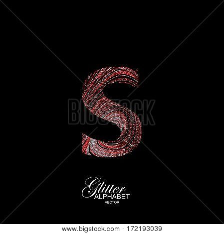 Letter S of red and silver glitters. Typographic vector element for design. Part of curly textured alphabet with shiny paillettes. Letter S with diffusion glitter swirly pattern. Vector illustration