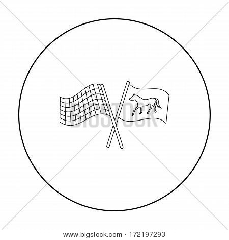 Crossed checkered and equestrian flags icon in outline design isolated on white background. Hippodrome and horse symbol stock vector illustration.