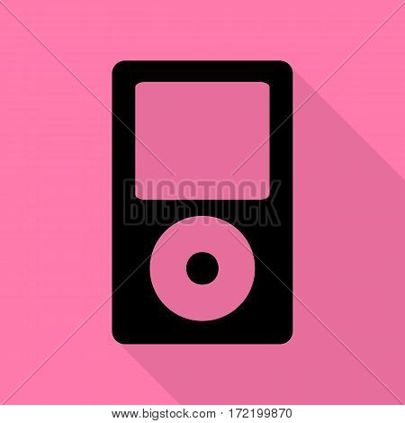 Portable music device. Black icon with flat style shadow path on pink background.