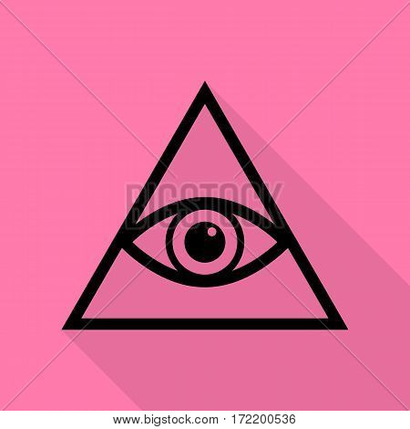All seeing eye pyramid symbol. Freemason and spiritual. Black icon with flat style shadow path on pink background.