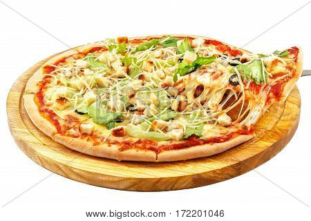 Caesar Pizza, mozzarella cheese, Caesar sauce, iceberg lettuce, parmesan, croutons, chicken, black olives, cherry tomatoes isolated on white background