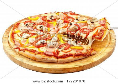Meat Pizza, mozzarella, ham, bacon, chicken, peppers, tomatoes, mushrooms isolated on white background