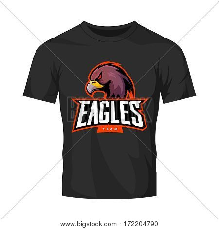 Furious eagle sport vector logo concept isolated on black t-shirt mockup. Modern web infographic professional team pictogram.
Premium quality wild bird t-shirt tee print illustration.