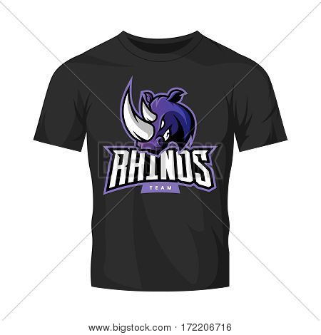Furious rhino sport vector logo concept isolated on black t-shirt mockup. Modern web infographic professional team pictogram.
Premium quality wild animal t-shirt tee print illustration.