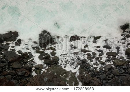 Strong Waves Crashing on the Volcanic Coast in Tenerife Canary Islands Spain. Top view