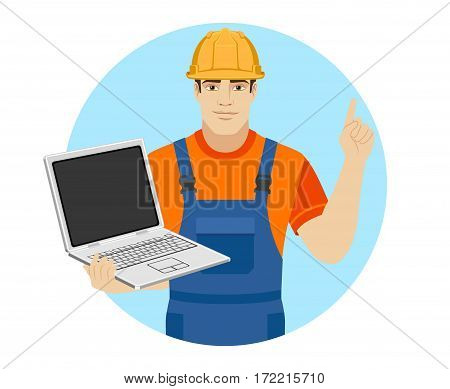 Builder holding a laptop and pointing the finger at yourself. Self-promotion. Portrait of builder in a flat style. Vector illustration.