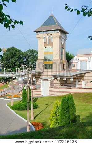 VITEBSK BELARUS - JULY 13 2016: Dukhovskoi Kruglik (Museum of History of Lower and Upper Castle and festival Slavic Bazaar) near summer amphitheater Vitebsk Belarus