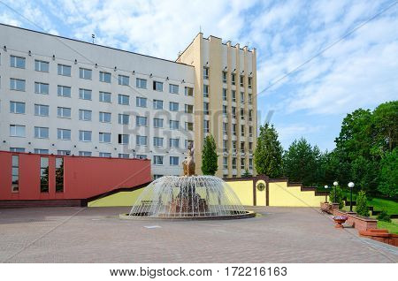VITEBSK BELARUS - JULY 13 2016: Fountain and sculptural composition near of Vitebsk State of Order of Peoples' Friendship Medical University Vitebsk Belarus